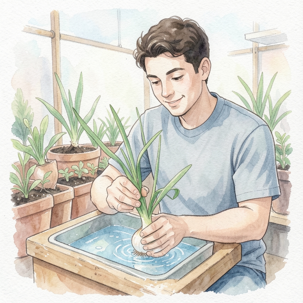 Plant the onion in the soil when you notice a flower stem emerging from the top.