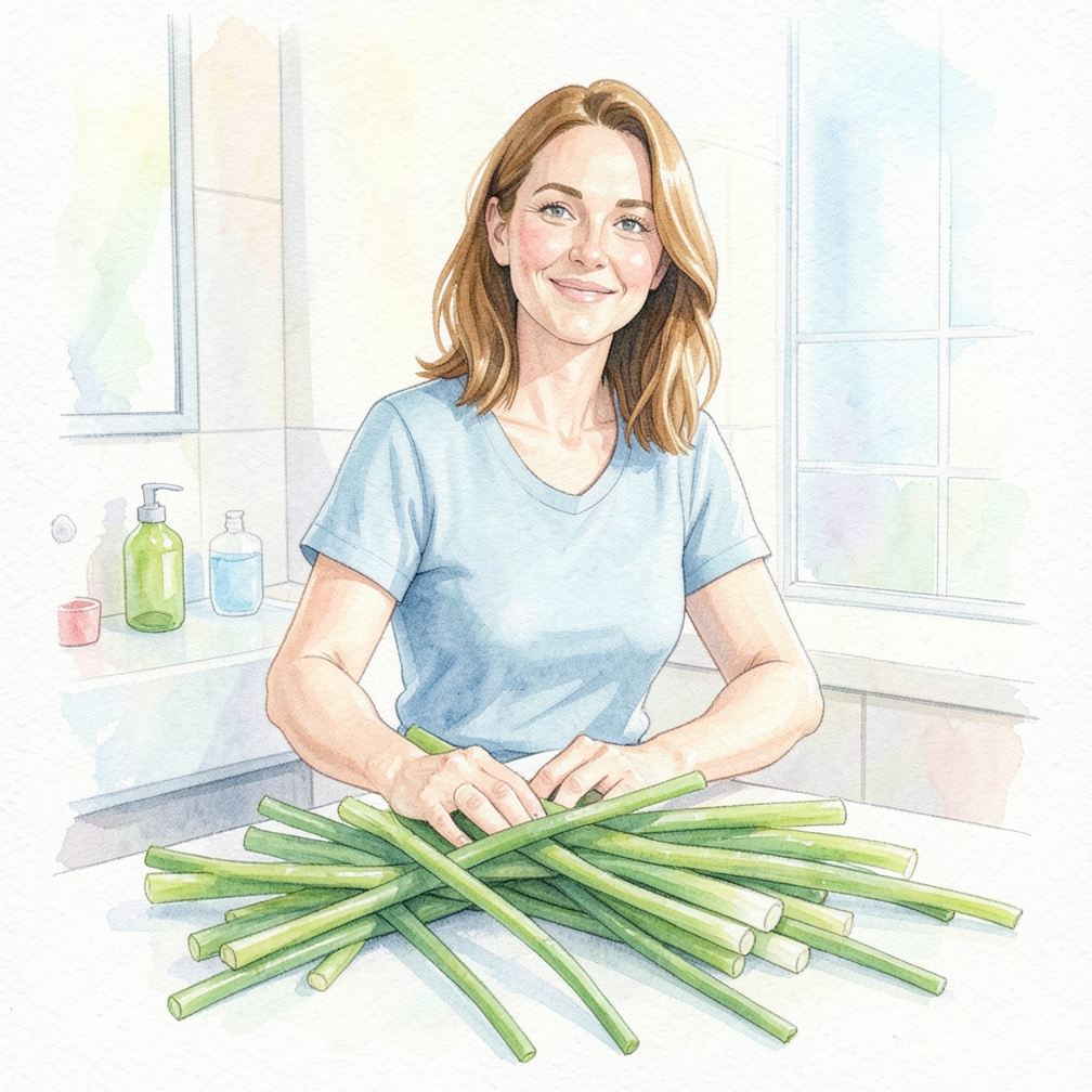 Slice whole green onions where the white stalk meets the green leaf.
