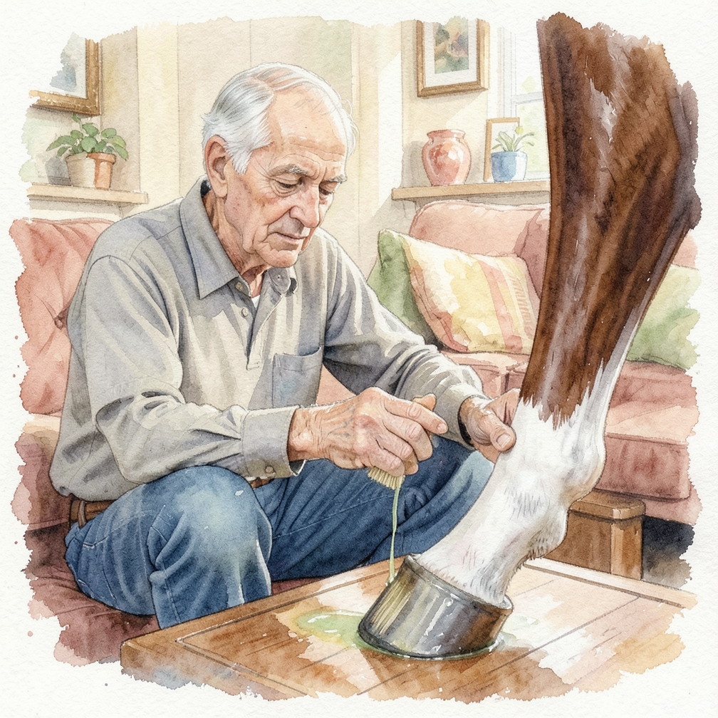 Use a hoof brush to apply a light coat of hoof oil to clean, dry hooves.