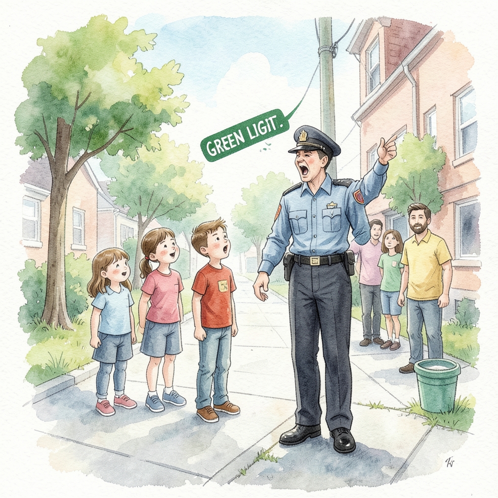 Have the traffic cop yell, “Green light.”