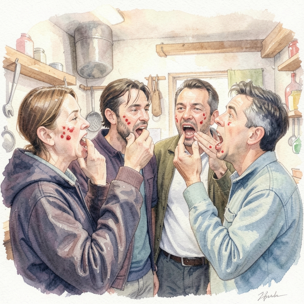 Watch for red sores or patches.