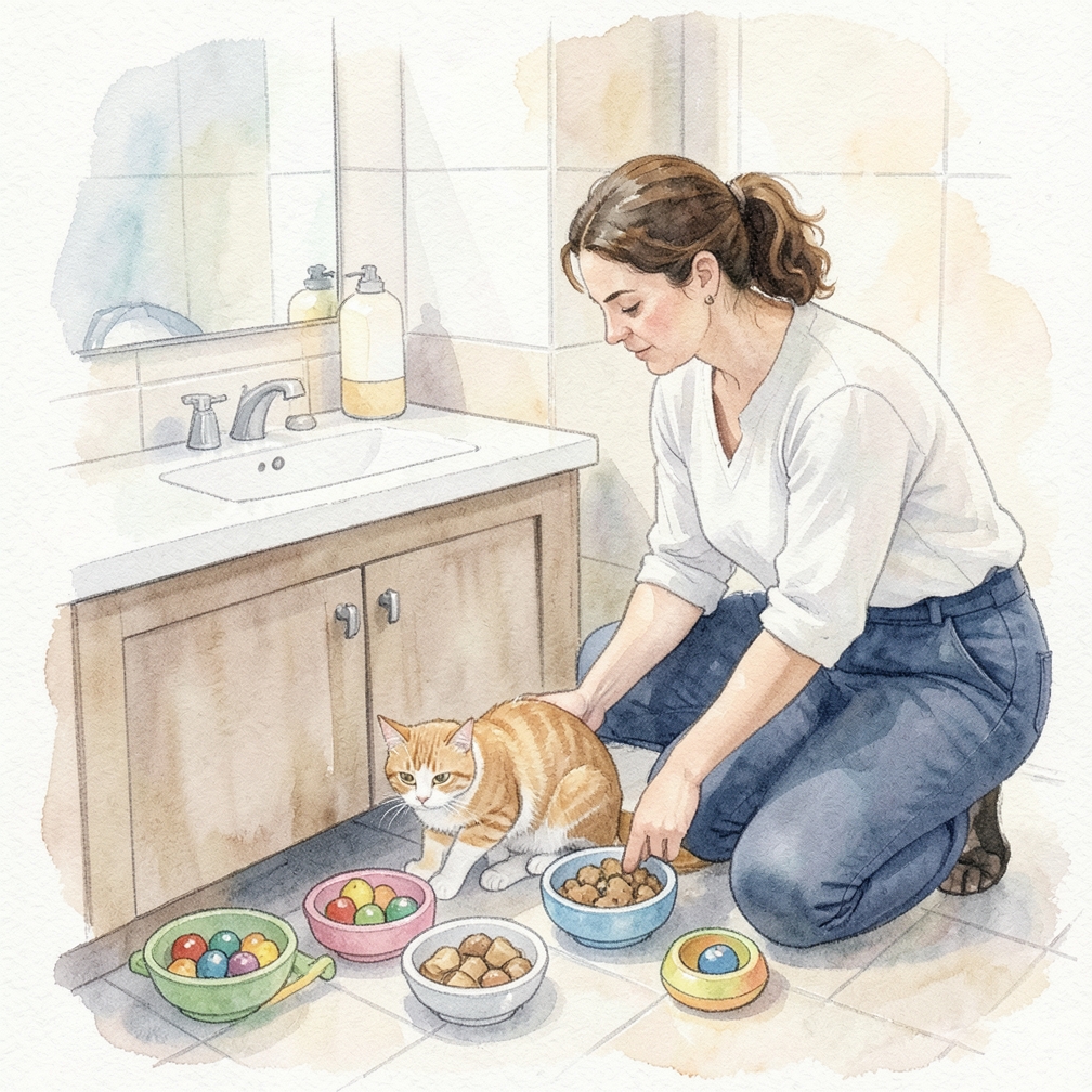 Create a separate area for each pet’s food and belongings.