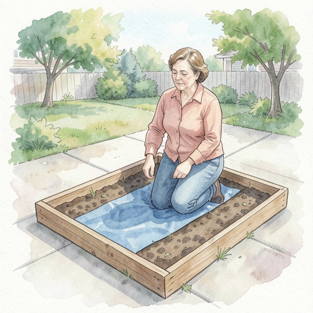 Lay landscape fabric down if you have cracks in your concrete.