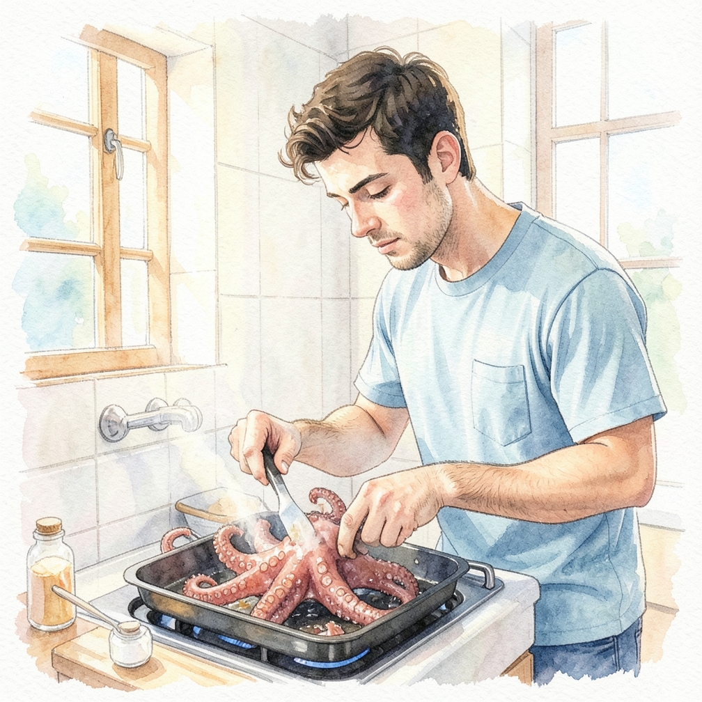 Cook the octopus until tender.