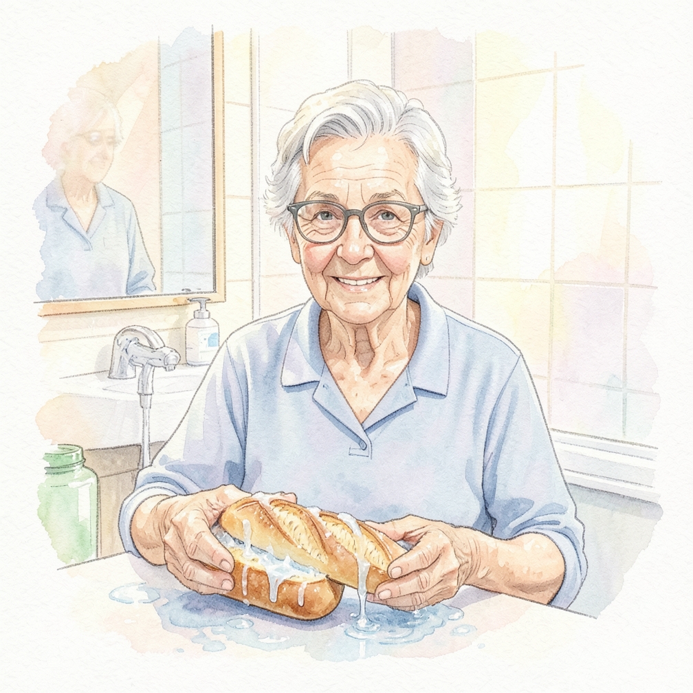Wet the baguette and heat it in the oven for 10 to 15 minutes.