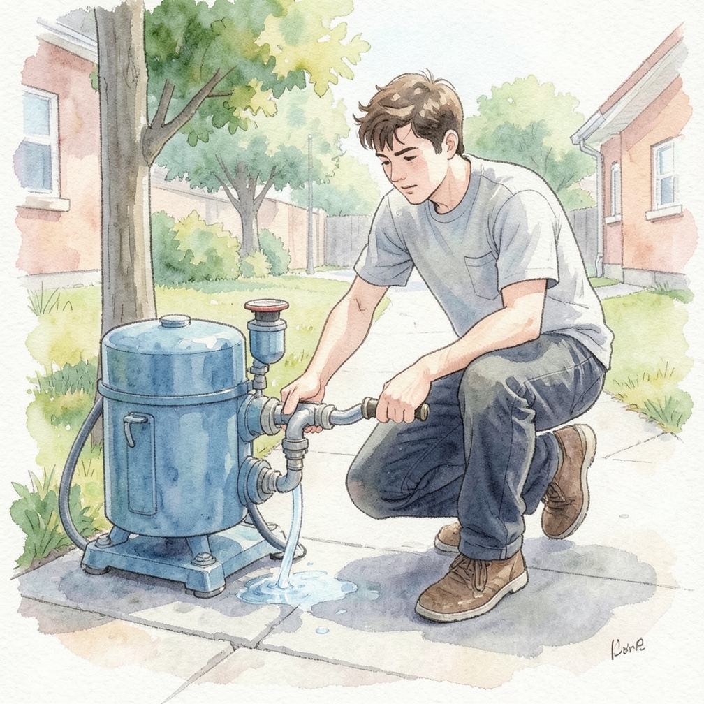 Start the compressor and begin blowing out the water line, gradually increasing pressure as necessary.
